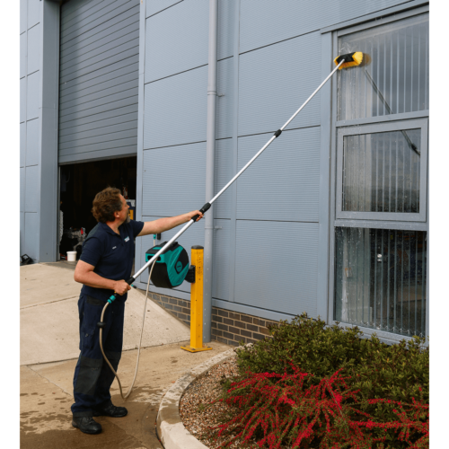 5-Sided Flo-Thru Brush with 3m Telescopic Handle 5 CC953 ACT IN USE BUILDING WINDOW PIC2