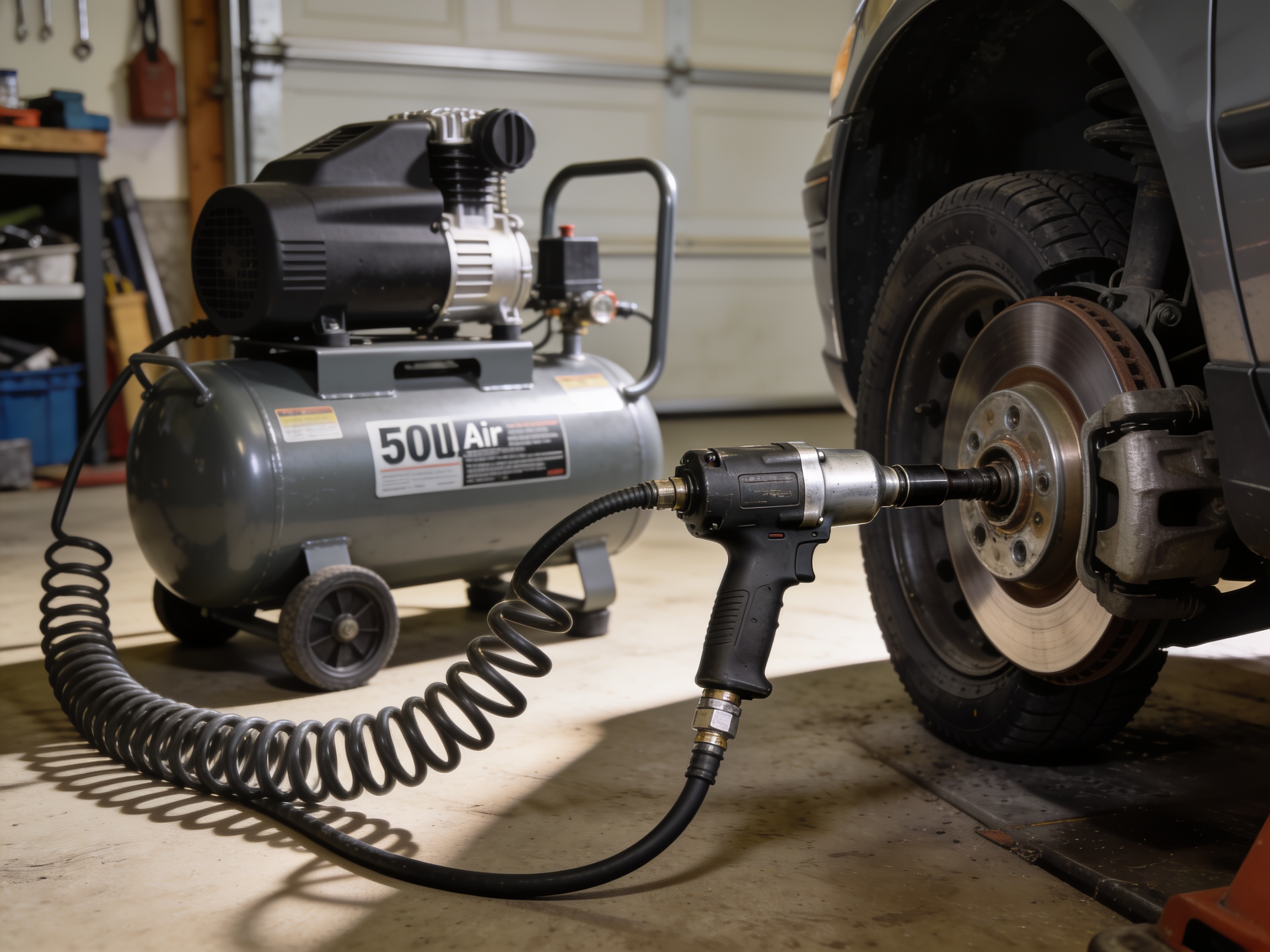 What Size Air Compressor Do You Need? 2 50 litre air compressor powering an impact wrench in a garage