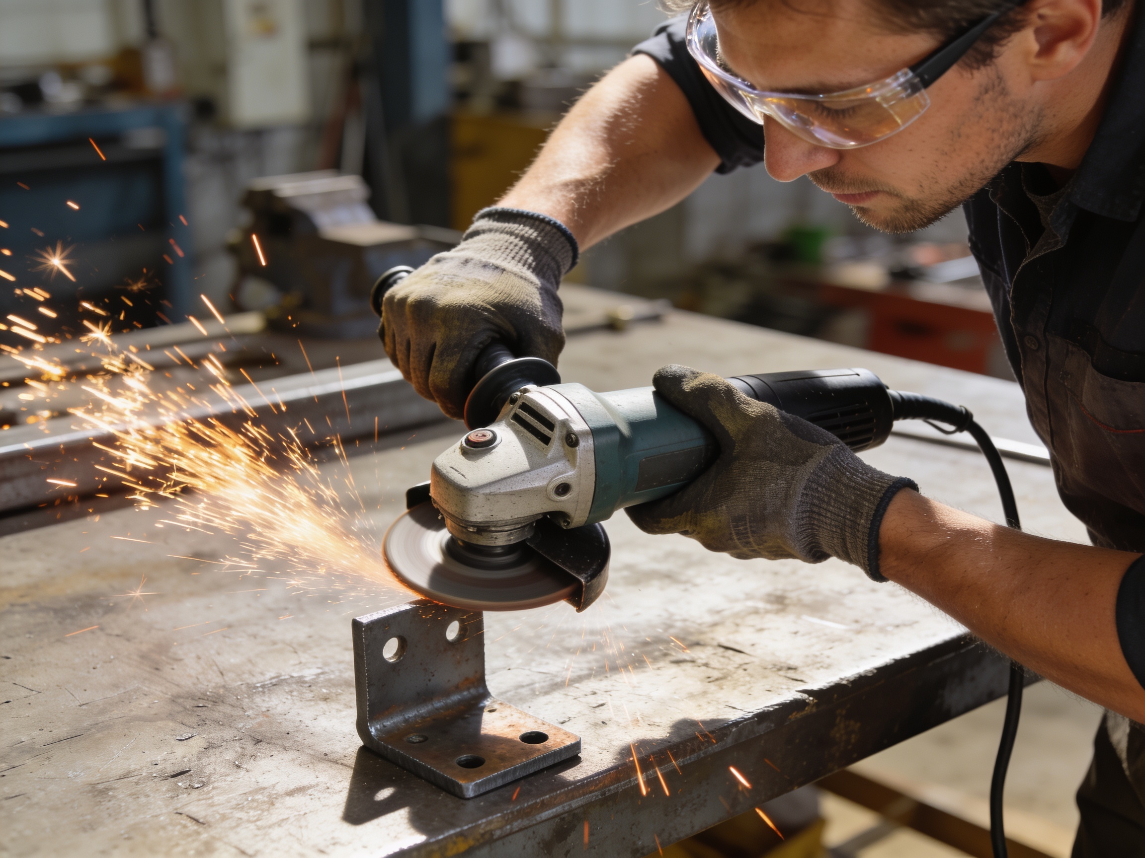 How to Select Angle Grinders Properly 3 Angle grinder cutting a steel bracket in a fabrication workshop