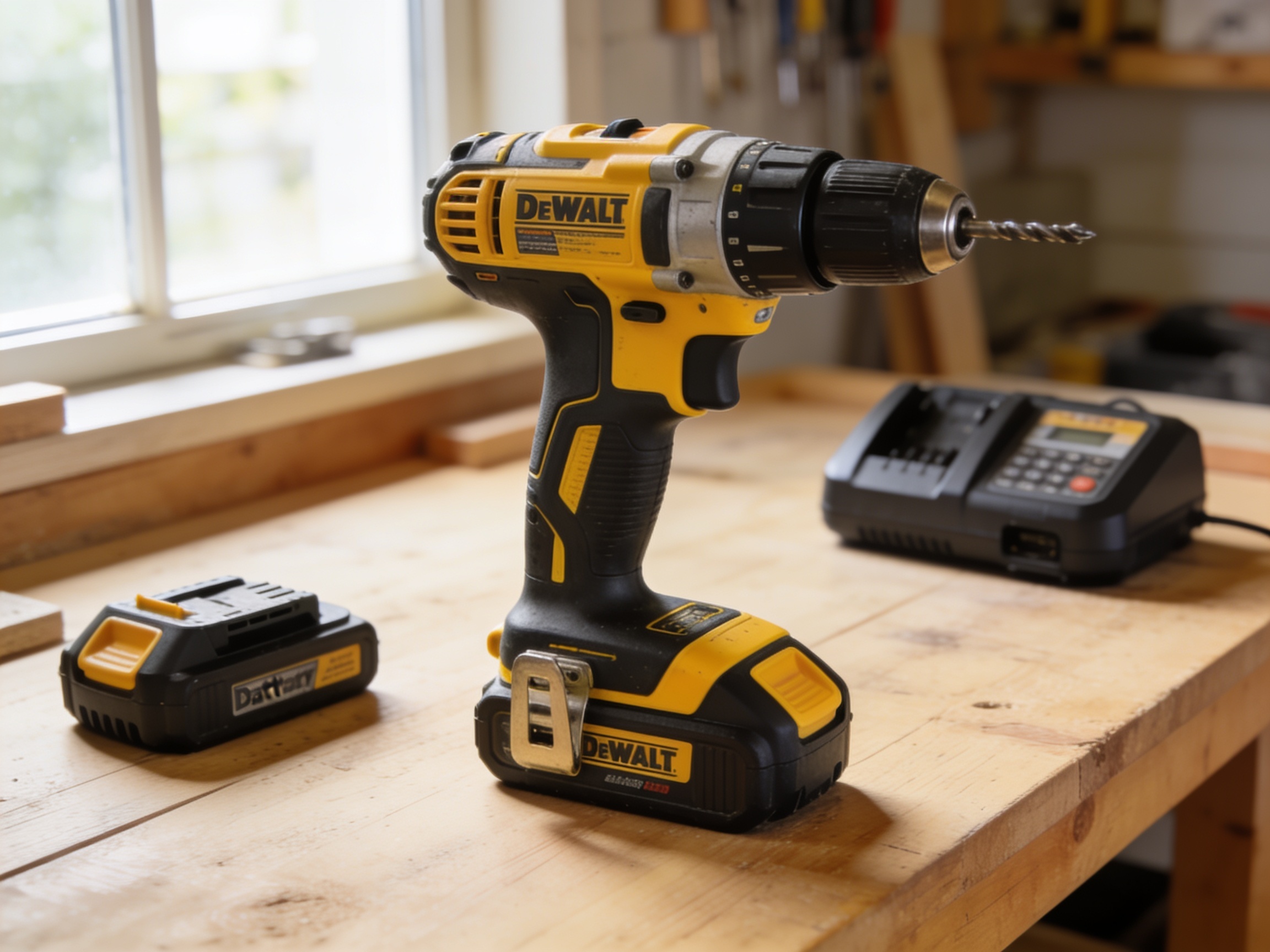 How to Choose Cordless Drill for the Job 3 Comparison of cordless drill batteries and drill sizes laid out on a workshop bench