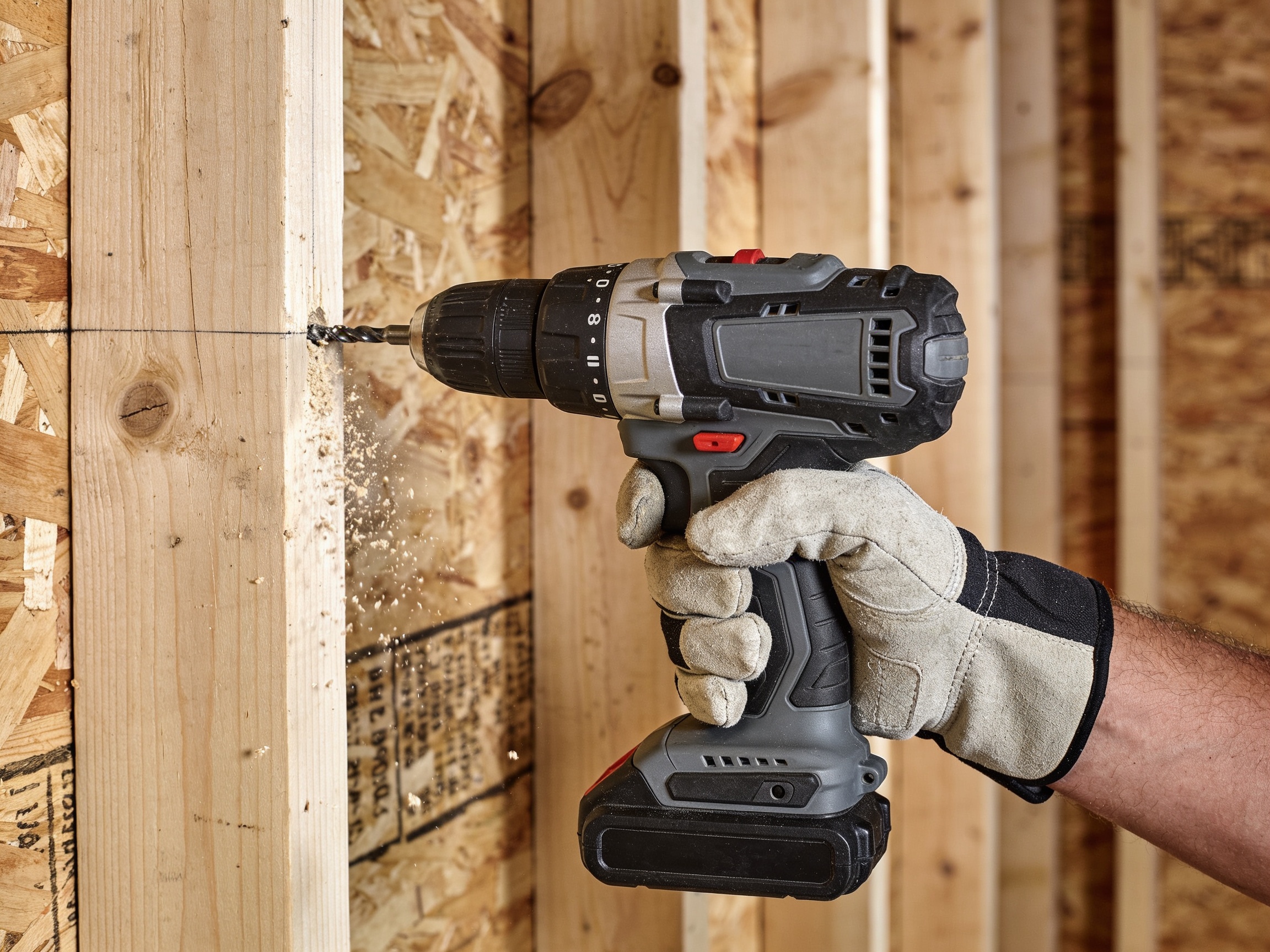 How to Choose Cordless Drill for the Job 2 Close-up of a cordless drill driver being used to drill into a wooden stud wall