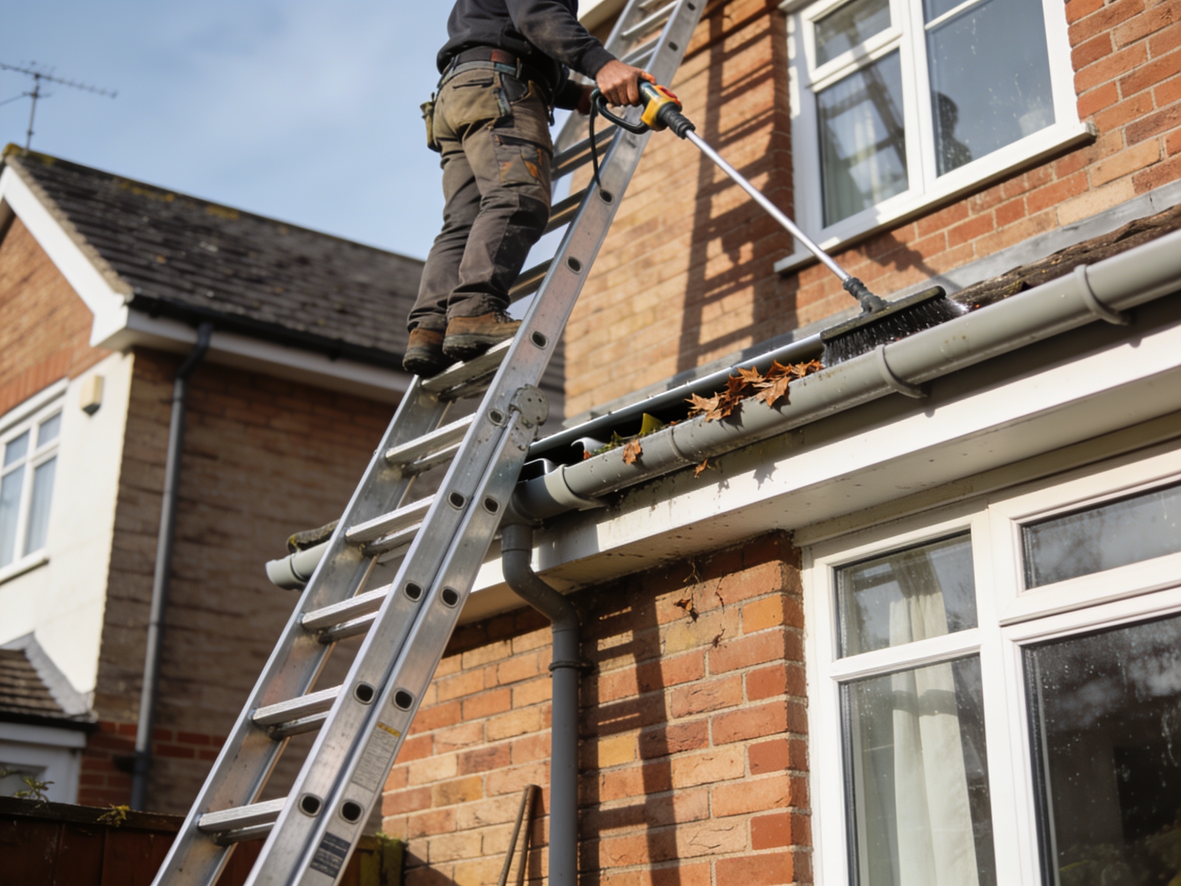 How to Choose Worksite Ladders for Any Job 3 Tradesperson using an extension ladder to clean gutters