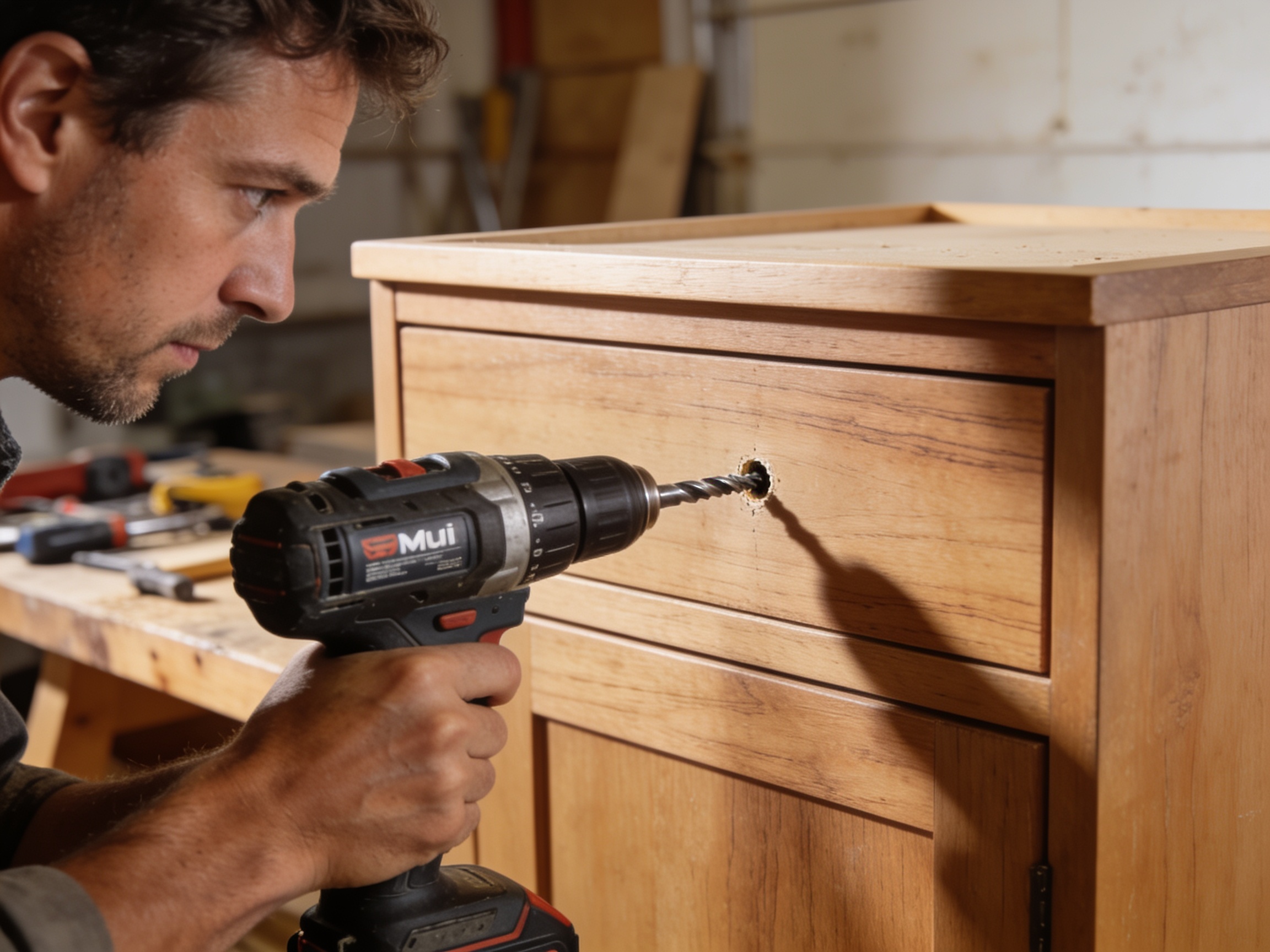 Impact Driver vs Drill: Which Do You Need? 1 Cordless combi drill drilling a pilot hole into a cabinet
