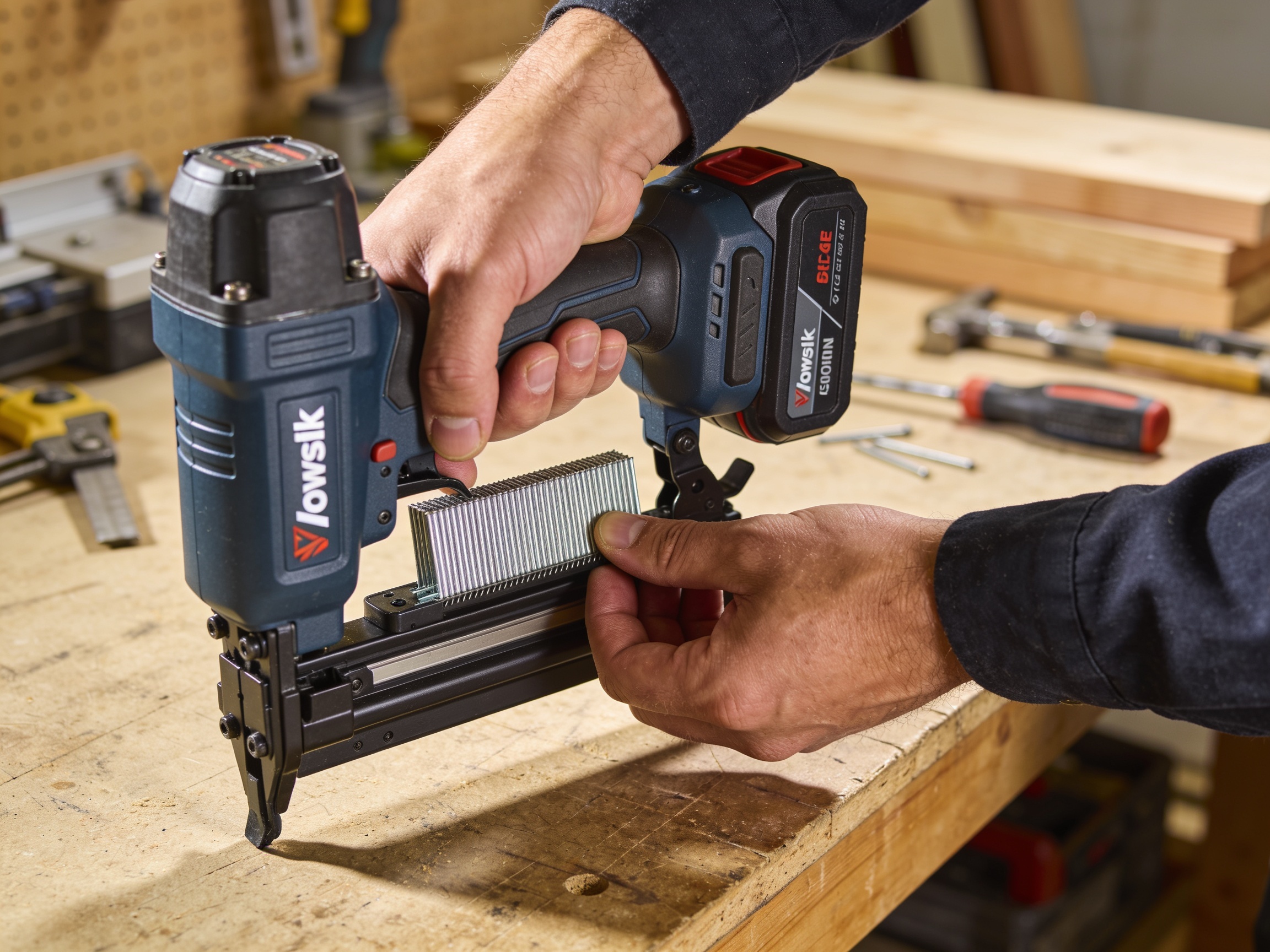 How to Choose Cordless Nailers 3 Loading nail strips into a cordless nail gun magazine