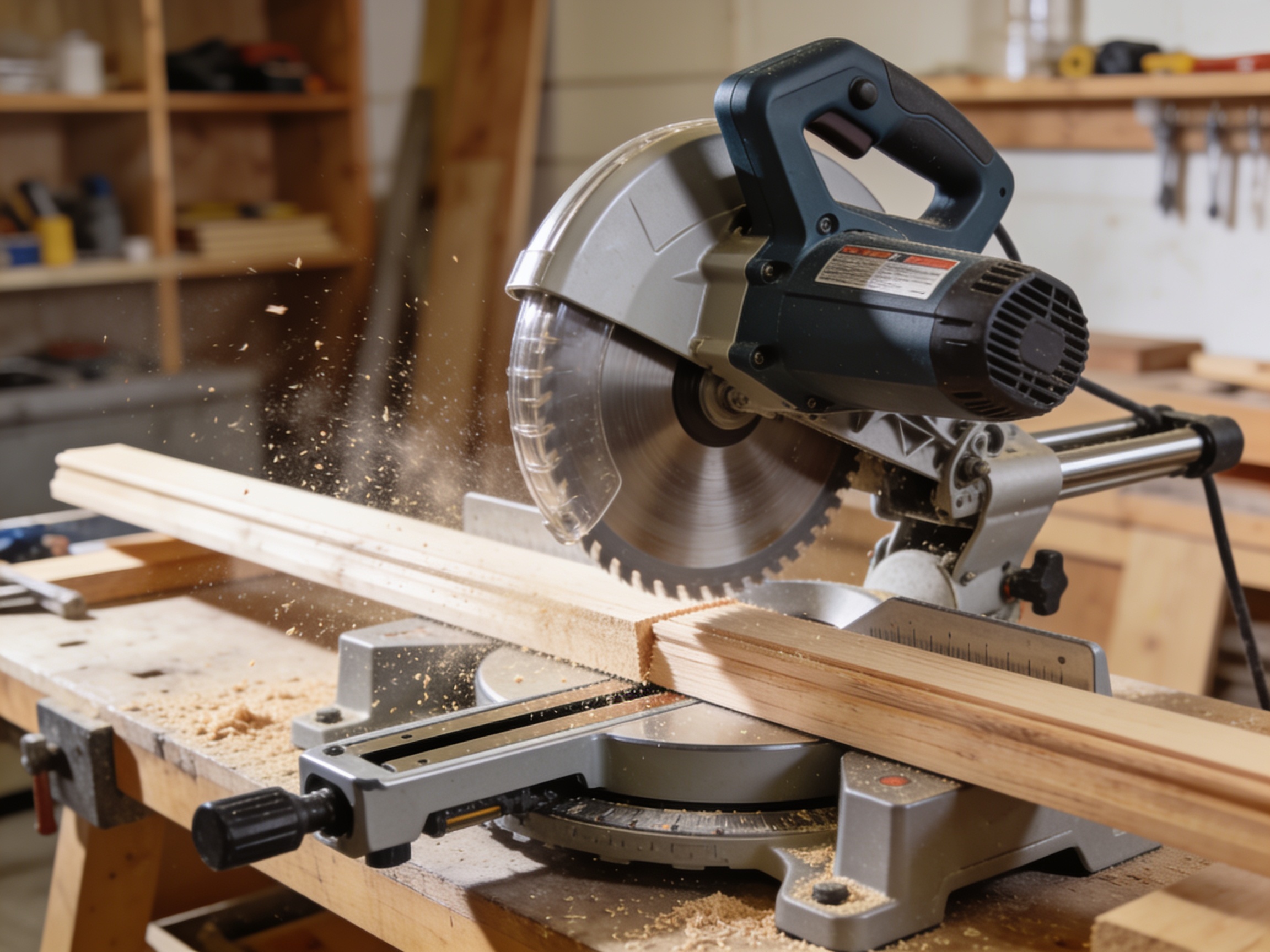 How to Choose Mitre Saw for Any Job 1 Sliding mitre saw cutting timber trim in a workshop