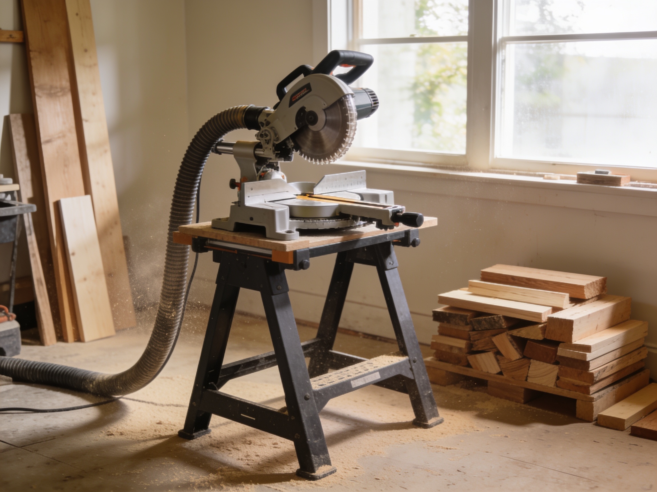 How to Choose Mitre Saw for Any Job 3 Mitre saw set up on a stand in a home workshop with dust extraction