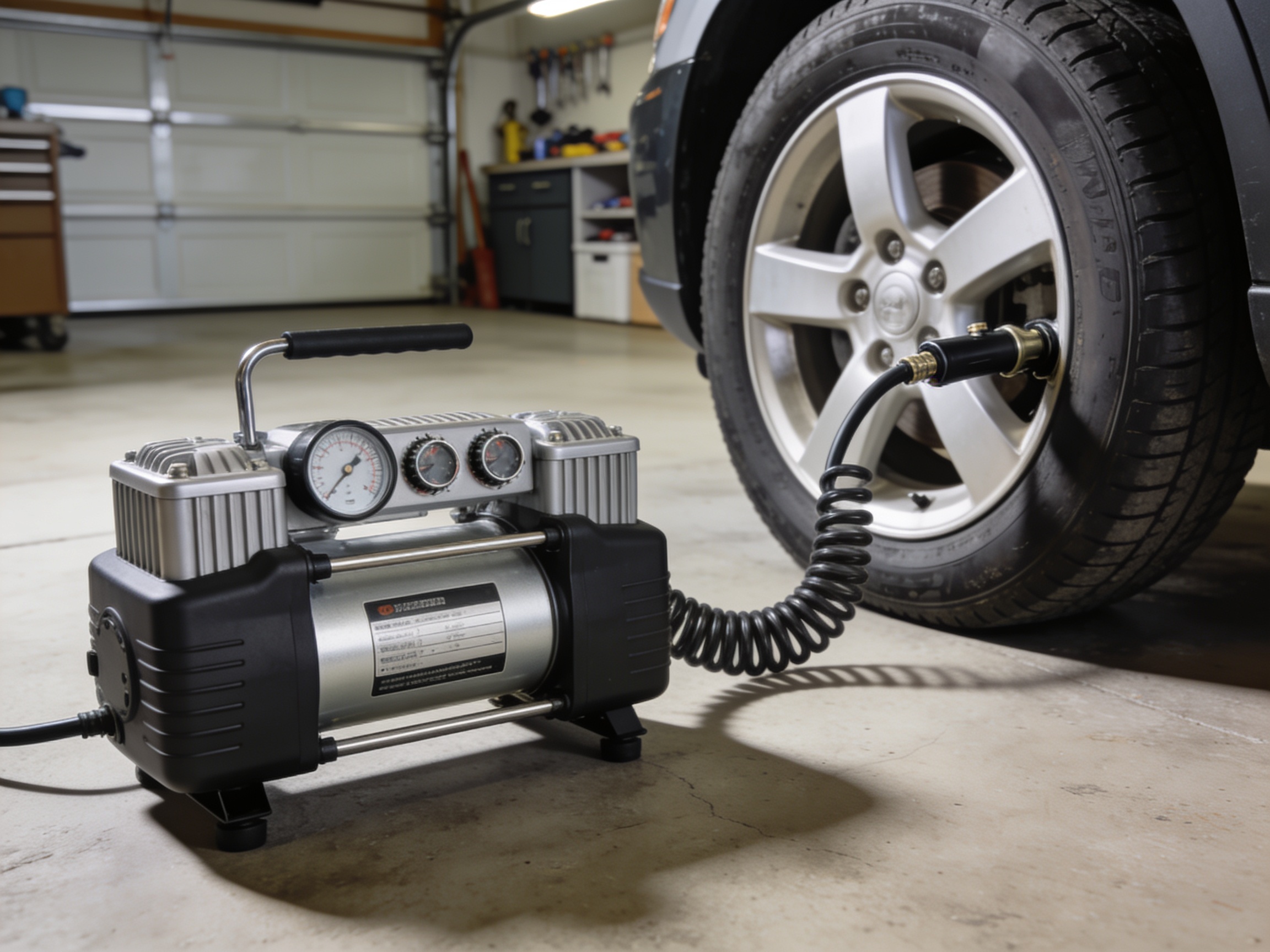 What Size Air Compressor Do You Need? 1 Portable air compressor inflating a car tyre