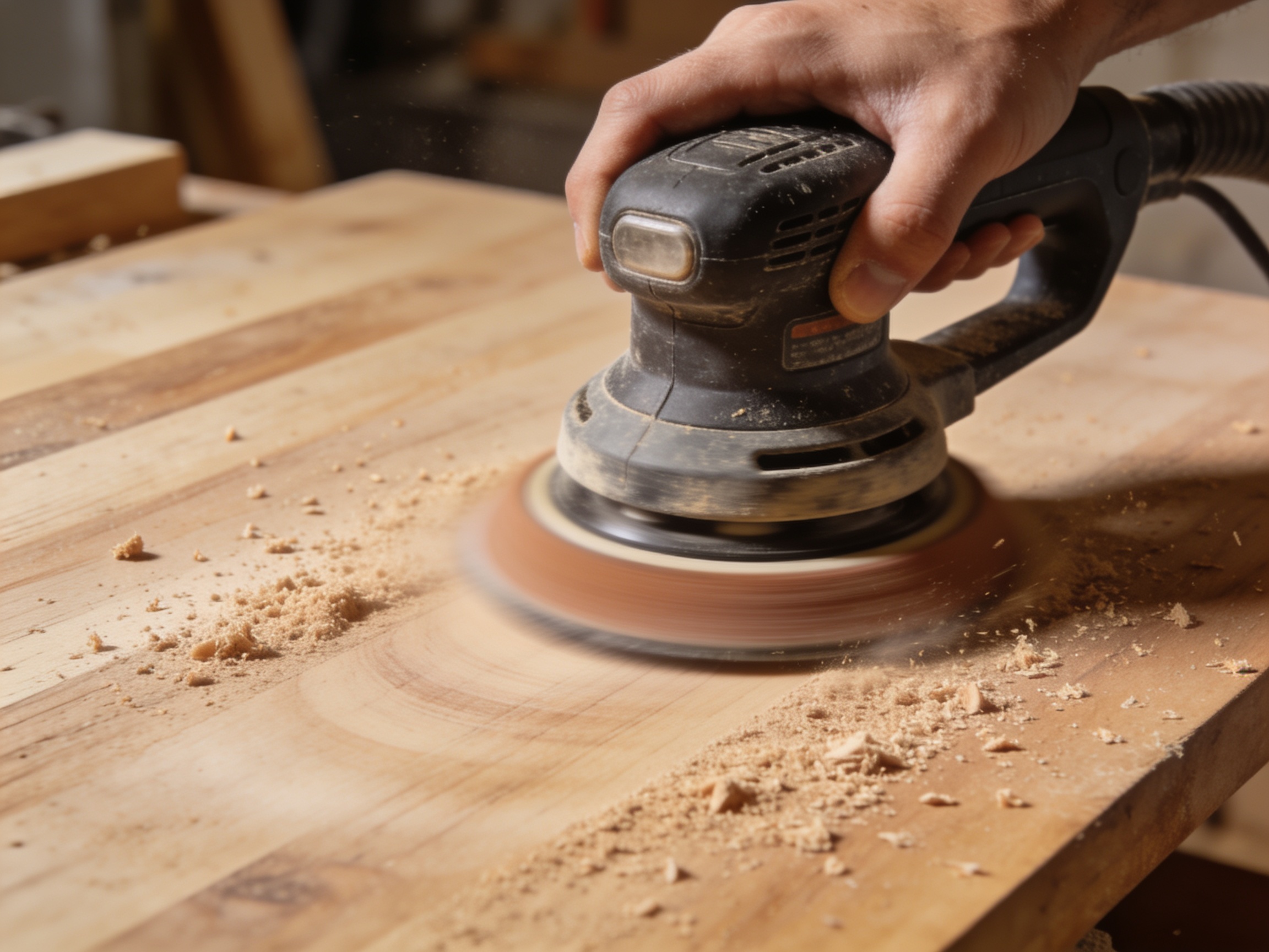 7 Best Orbital Sanders UK Buyers Should Consider 1 Random orbital sander finishing a wooden tabletop