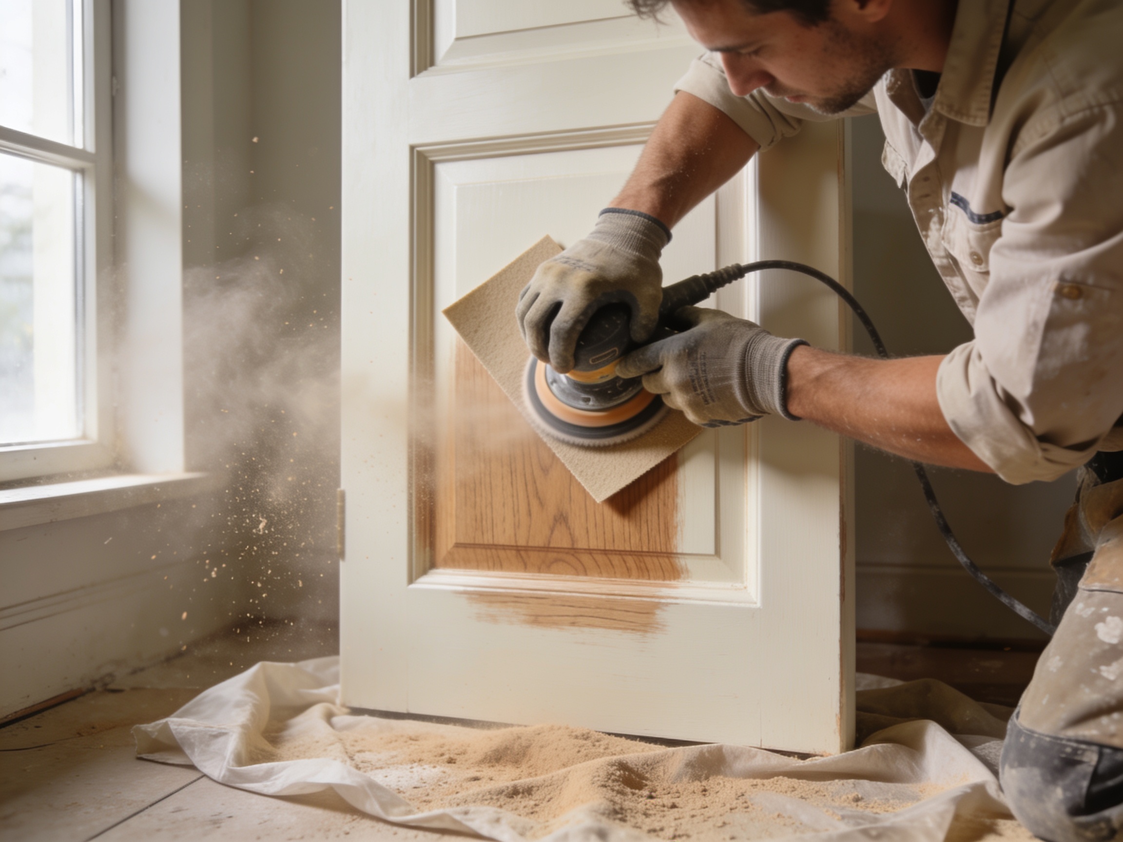 7 Best Orbital Sanders UK Buyers Should Consider 3 Decorator using a sheet orbital sander on trim