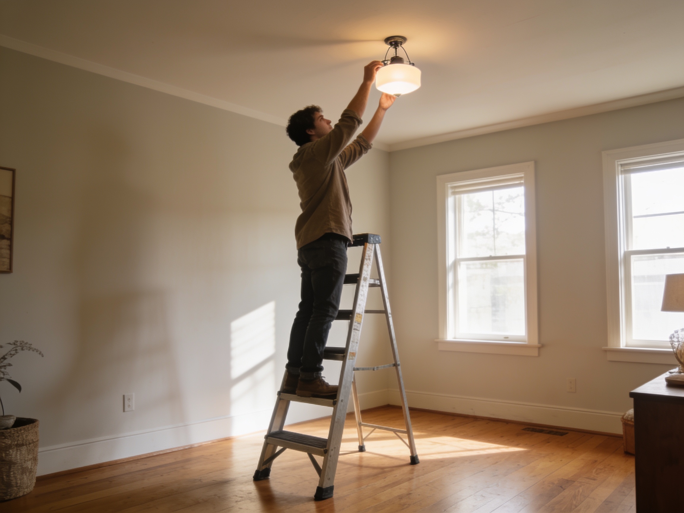 How to Choose Worksite Ladders for Any Job 2 Person using a step ladder indoors to change a light fitting
