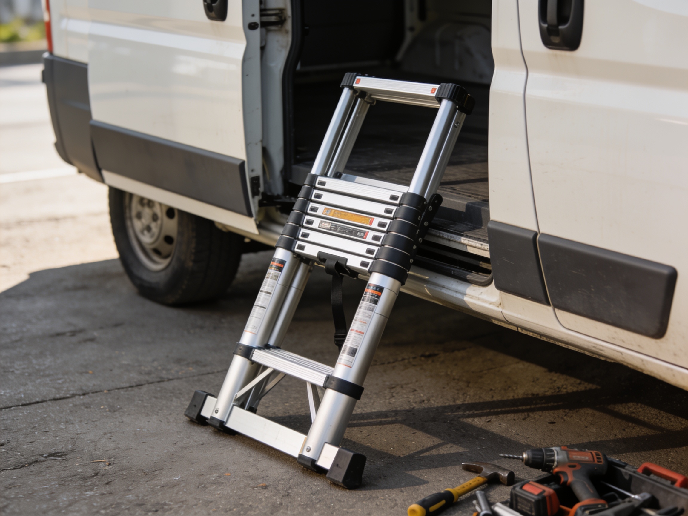 How to Choose Worksite Ladders for Any Job 4 Compact telescopic ladder folded down next to a van