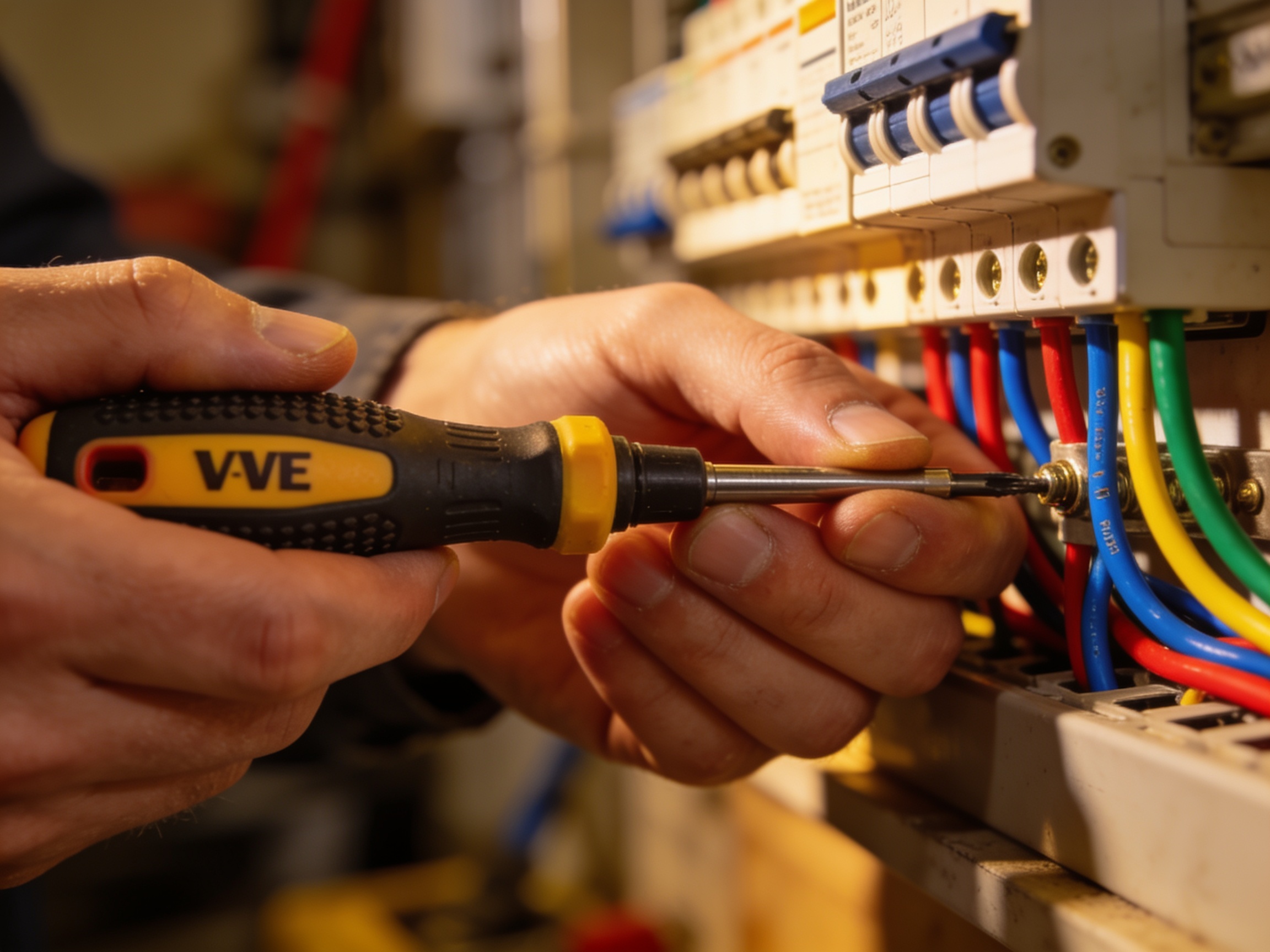 What Tools Do Electricians Need? 1 Electrician using a VDE insulated screwdriver on a consumer unit
