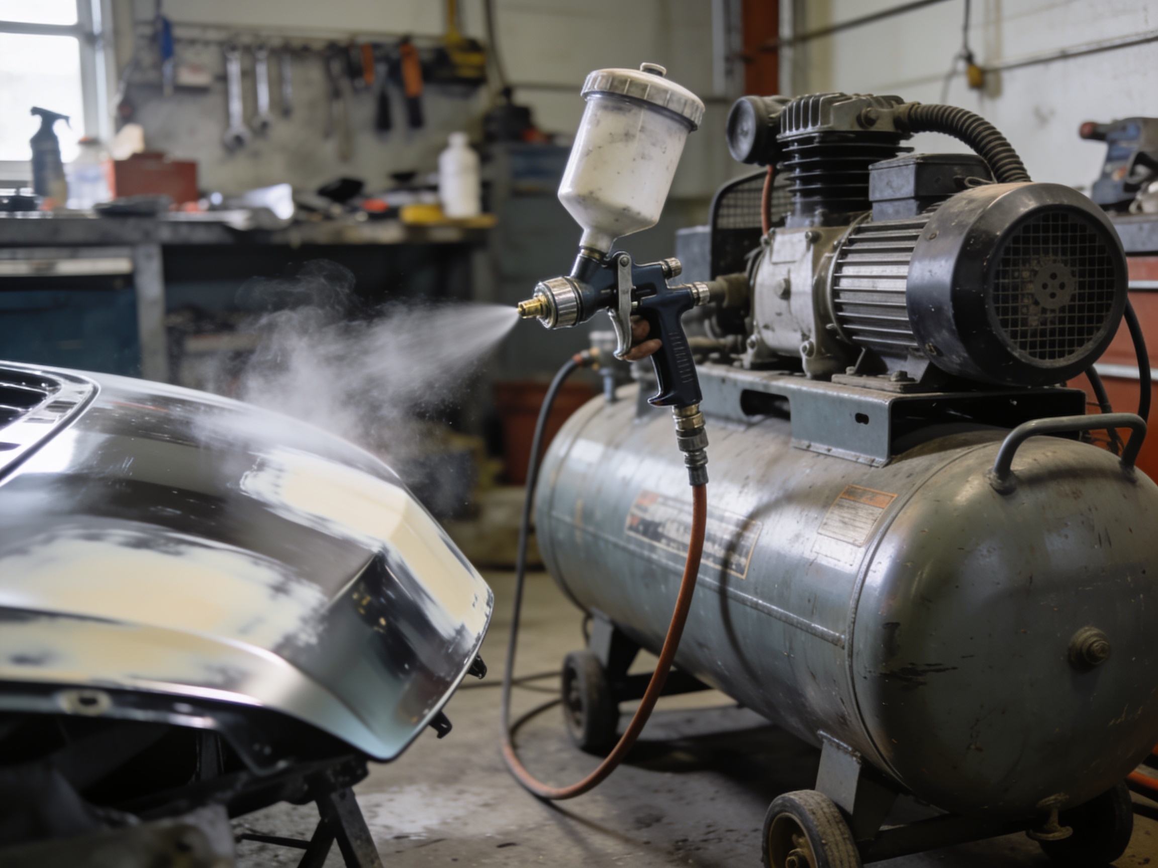 What Size Air Compressor Do You Need? 3 Large workshop air compressor powering a spray gun